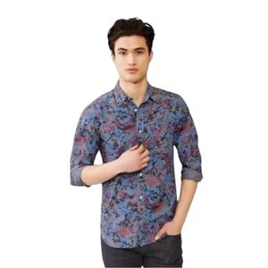 GAP Men’s Medium 1969 Indigo Rose Print Button Down Shirt Blue Black Red